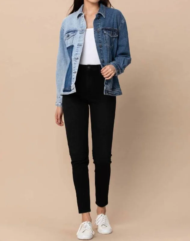 Women's long - line cardigan jackets in a soft knit for a cozy and elegant look Daks 2 Tone Oversized Denim Jacket In Light/medium Wash Women's long - line cardigan jackets in a soft knit for a cozy and elegant look Daks 2 Tone Oversized Denim Jacket In Light/medium Wash
