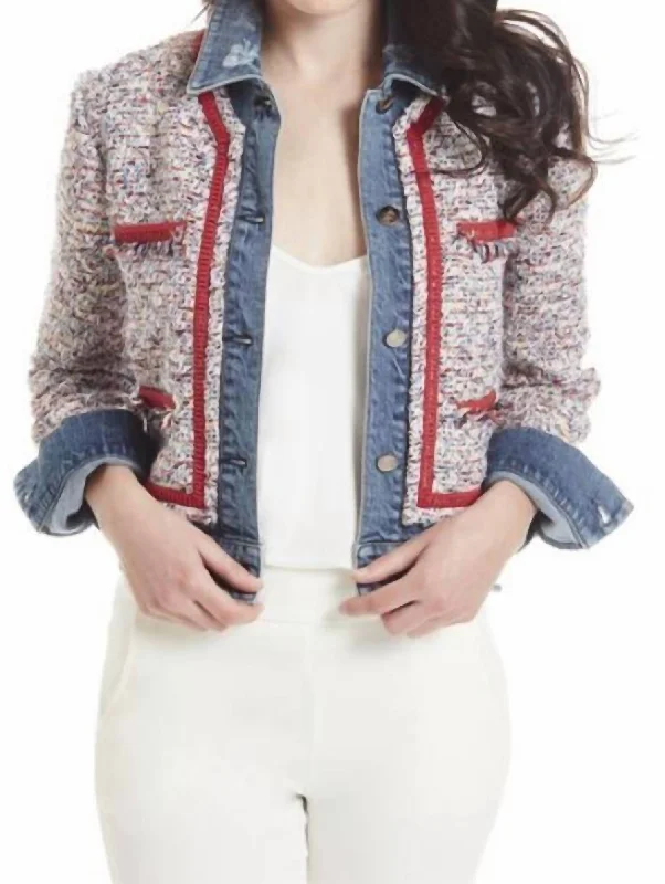 Denim Top with a Metallic Accent for a Shiny Look Denim And Tweed Jacket In Blue And White Denim Top with a Metallic Accent for a Shiny Look Denim And Tweed Jacket In Blue And White
