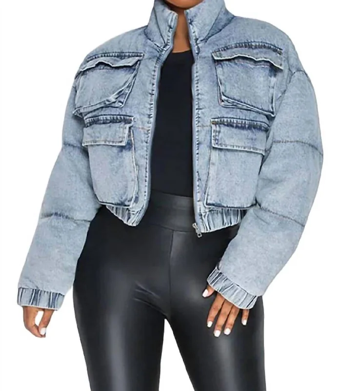 Cropped Denim Top to Pair with High - Waisted Bottoms Denim Bomber Coat In Medium Wash Cropped Denim Top to Pair with High - Waisted Bottoms Denim Bomber Coat In Medium Wash