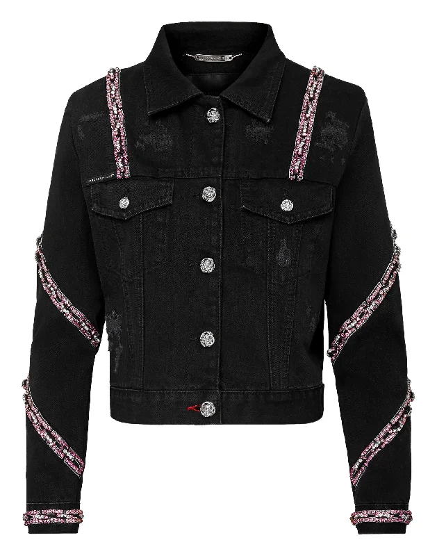 Denim Top with a Peplum Hem for a Flirty and Feminine Look Denim Cropped Jacket Crystal Denim Top with a Peplum Hem for a Flirty and Feminine Look Denim Cropped Jacket Crystal
