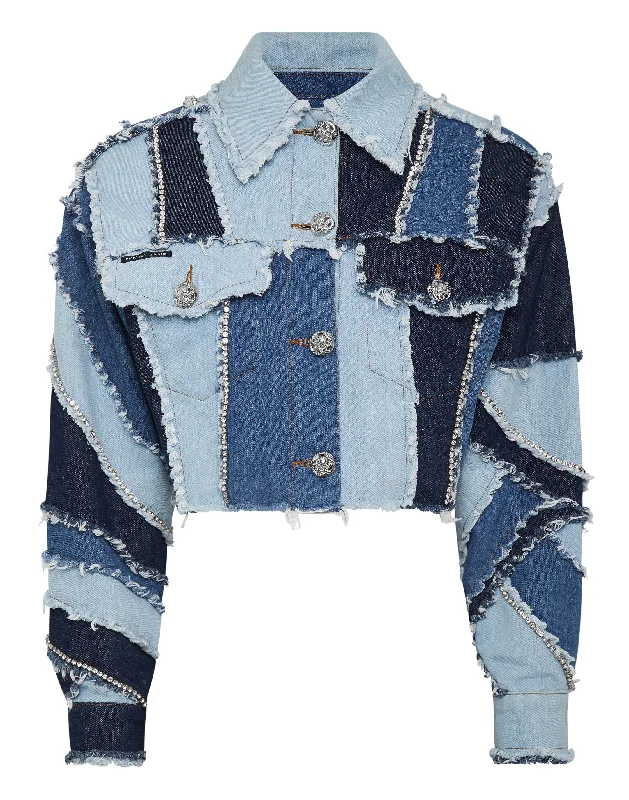 Denim Top with a Collared Neckline for a Preppy Style Denim Cropped Jacket Patchwork Denim Top with a Collared Neckline for a Preppy Style Denim Cropped Jacket Patchwork