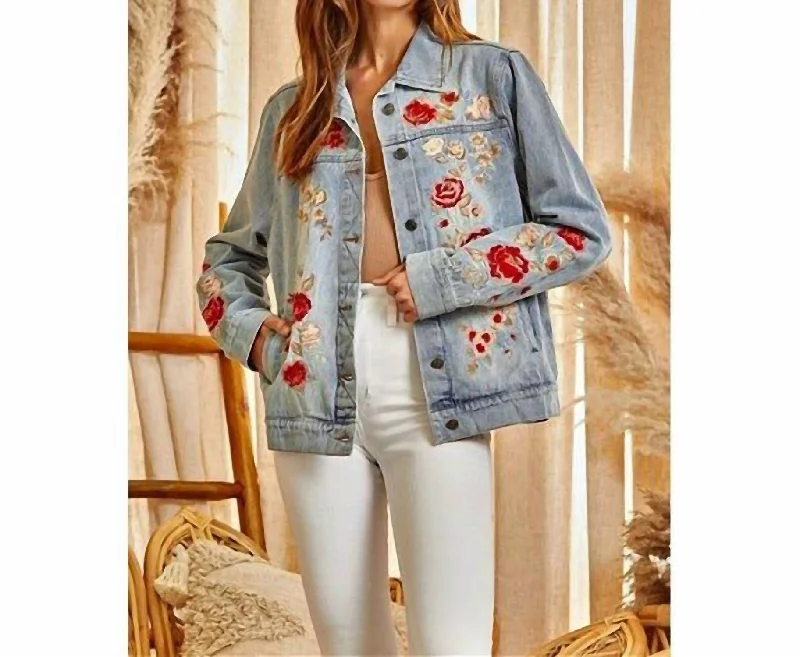 Plus - Size Denim Top for a Comfortable and Stylish Fit Denim Embroidered Jacket In Blue Plus - Size Denim Top for a Comfortable and Stylish Fit Denim Embroidered Jacket In Blue