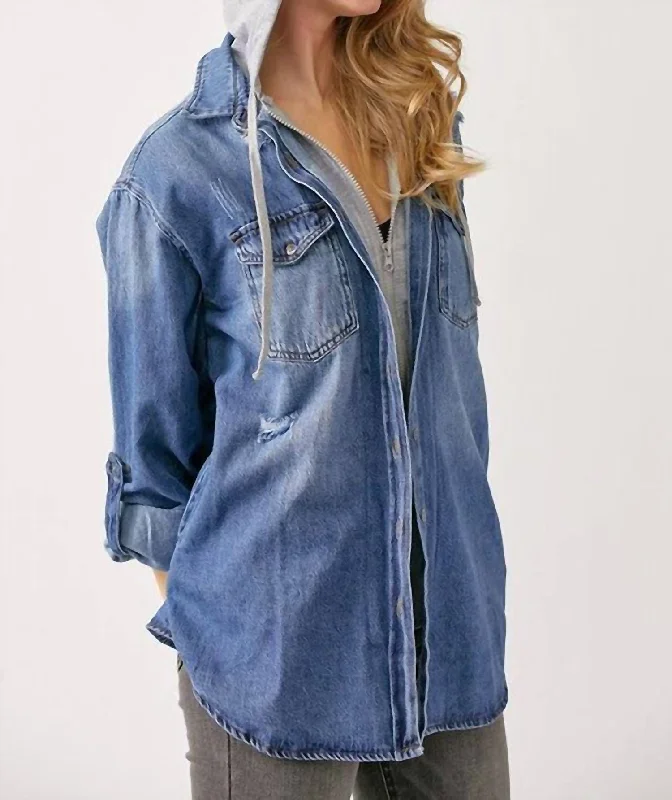 Denim Top with a Peplum Hem for a Flirty and Feminine Look Diane Hooded Shirt Jacket In Denim Denim Top with a Peplum Hem for a Flirty and Feminine Look Diane Hooded Shirt Jacket In Denim