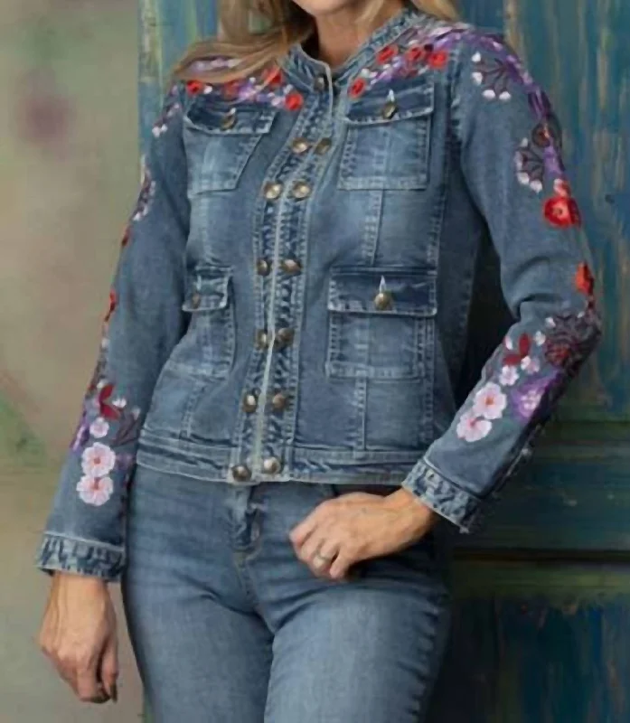 Women's cropped leather jackets with a fringe detail for a western - inspired outfit Dianna Denim Jacket In Blue Women's cropped leather jackets with a fringe detail for a western - inspired outfit Dianna Denim Jacket In Blue