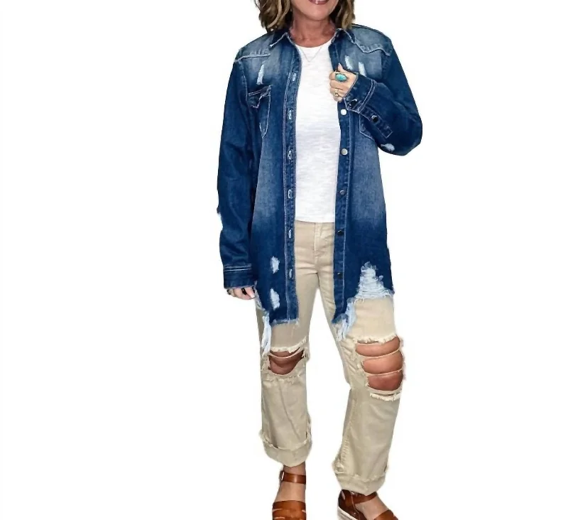 Denim Top with a Collared Neckline for a Preppy Style Distressed Denim Shirt Jacket