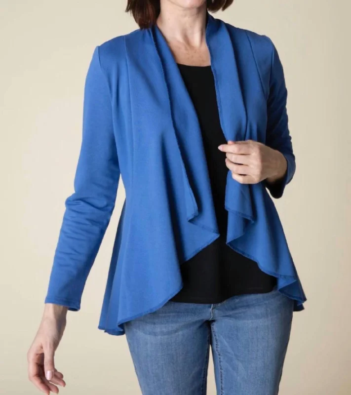 Button - Down Denim Top with a Classic Design Drape Front French Terry Jacket In Denim Blue Button - Down Denim Top with a Classic Design Drape Front French Terry Jacket In Denim Blue
