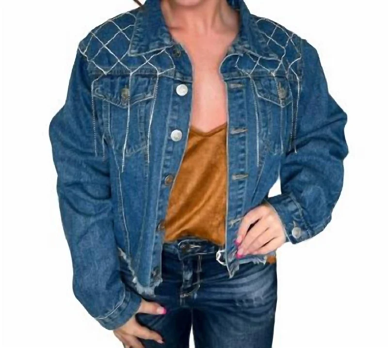 Women's cropped leather jackets with silver zippers for a punk - inspired outfit Elsie Rhinestone Chain Detailed Yoke Denim Jacket In Blue Women's cropped leather jackets with silver zippers for a punk - inspired outfit Elsie Rhinestone Chain Detailed Yoke Denim Jacket In Blue