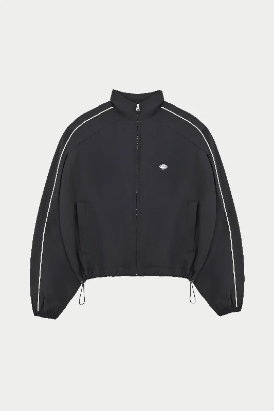 Women's cropped leather coats with silver studs for an edgy look EMBLEM PIPED ZIP THROUGH JACKET - BLACK