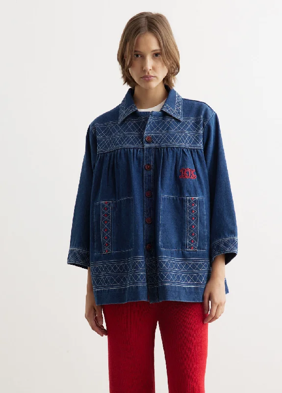 Washed - Out Denim Top for a Vintage Aesthetic Embroidered Denim Quincy Jacket