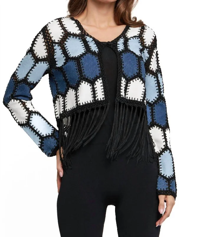 Denim Top for a Music Festival with a Rock - n - Roll Vibe Faux Suede Patchwork Crochet Fringe Jacket In Denim/white Denim Top for a Music Festival with a Rock - n - Roll Vibe Faux Suede Patchwork Crochet Fringe Jacket In Denim/white