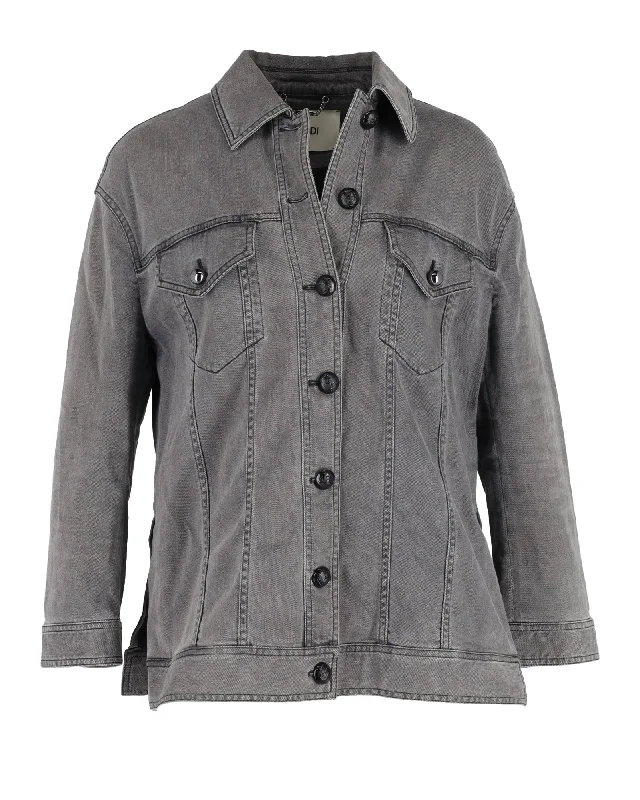 Denim Top for a Beachside Picnic with a Laid - Back Style Fendi Embellished Trucker Jacket in Grey Cotton Denim Denim Top for a Beachside Picnic with a Laid - Back Style Fendi Embellished Trucker Jacket in Grey Cotton Denim