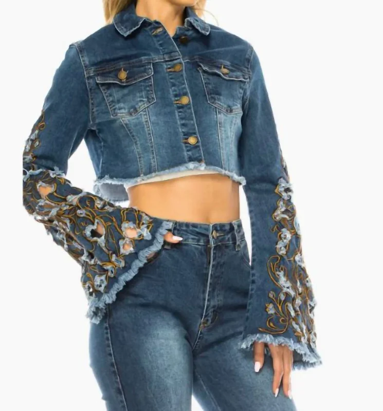 Long - Sleeve Denim Top for Cold Weather Layering Floral Lace Jean Jacket In Denim