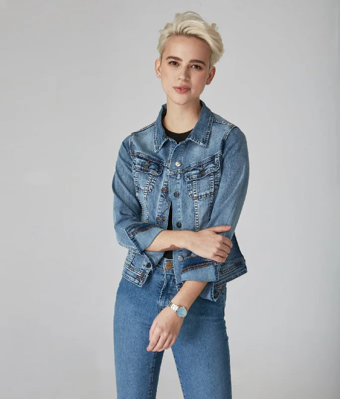 Women's bomber jackets with a holographic finish for a futuristic and eye - catching look Gabriella-LBD Classic Denim Jacket Women's bomber jackets with a holographic finish for a futuristic and eye - catching look Gabriella-LBD Classic Denim Jacket