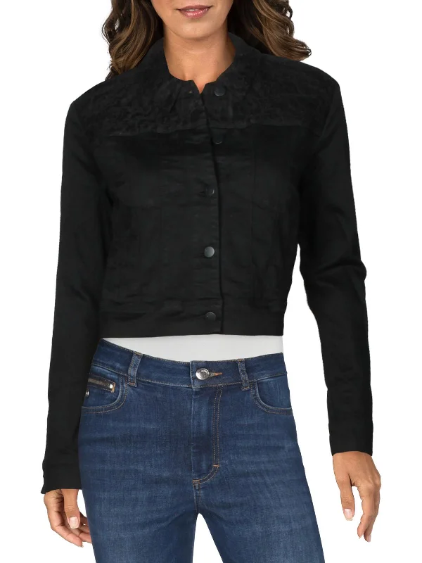 Women's cropped leather jackets with a fringe detail for a western - inspired outfit Harlow Womens Jean Cropped Denim Jacket Women's cropped leather jackets with a fringe detail for a western - inspired outfit Harlow Womens Jean Cropped Denim Jacket