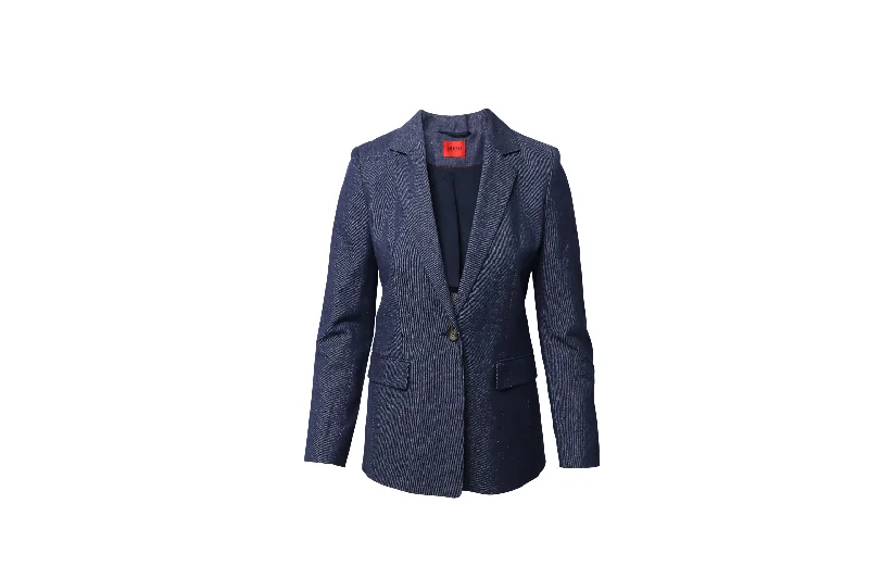 Fringed Denim Top with a Bohemian Flair Hugo Denim Single-Breasted Jacket Blazer in Navy Blue Cotton Denim Fringed Denim Top with a Bohemian Flair Hugo Denim Single-Breasted Jacket Blazer in Navy Blue Cotton Denim