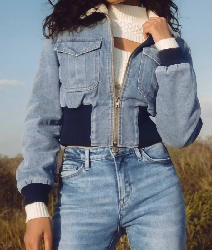 Women's cropped leather jackets with a fringe detail for a western - inspired outfit Jacklyn Fur Collar Denim Jacket In Denim Blue Women's cropped leather jackets with a fringe detail for a western - inspired outfit Jacklyn Fur Collar Denim Jacket In Denim Blue