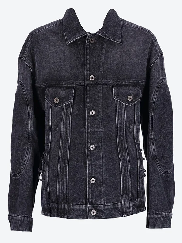 Women's denim jackets with distressed details for a casual and edgy look Lacing and elbow bonding detail Denim jacket Women's denim jackets with distressed details for a casual and edgy look Lacing and elbow bonding detail Denim jacket