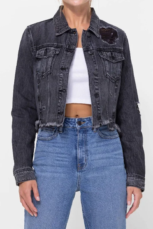 Women's long - length wool blend jackets for a warm and stylish winter look Katrina Destroyed Fitted Denim Jacket In Black Acid Women's long - length wool blend jackets for a warm and stylish winter look Katrina Destroyed Fitted Denim Jacket In Black Acid