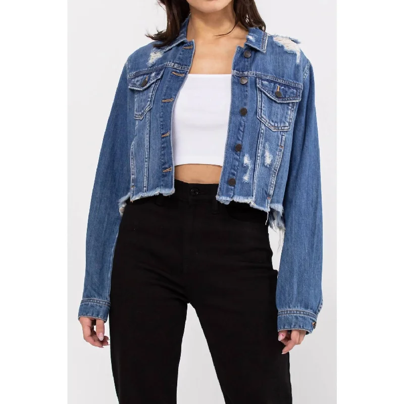 Women's cropped leather jackets with a fringe detail for a western - inspired outfit Katrina Destroyed Fitted Denim Jacket In Dark Denim Women's cropped leather jackets with a fringe detail for a western - inspired outfit Katrina Destroyed Fitted Denim Jacket In Dark Denim