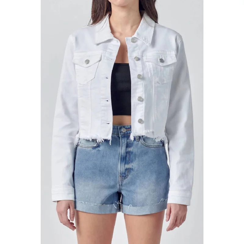 Women's waterproof rain jackets in bright yellow for high - visibility outdoor activities Katrina Destroyed Fitted Denim Jacket In White Women's waterproof rain jackets in bright yellow for high - visibility outdoor activities Katrina Destroyed Fitted Denim Jacket In White