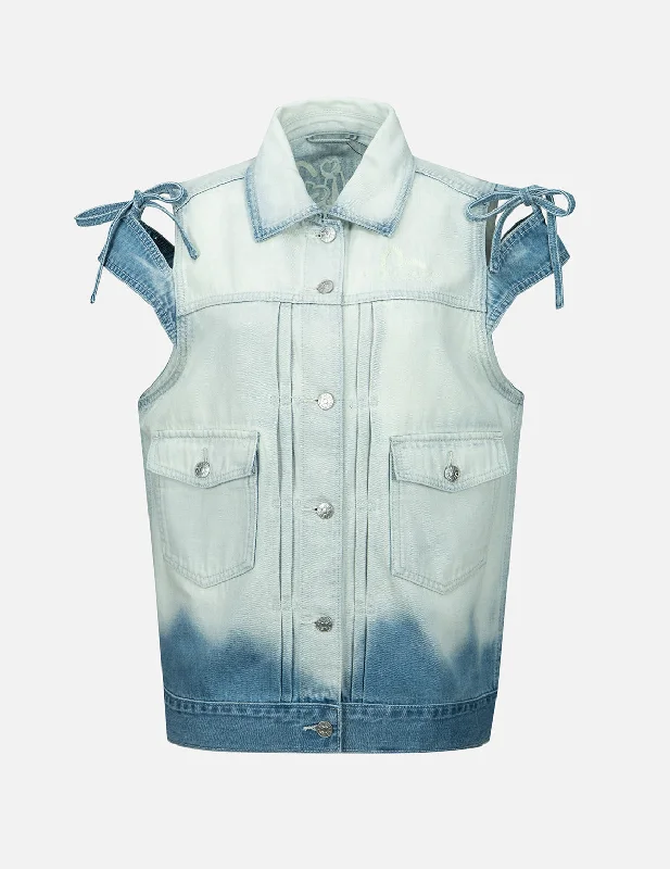 Denim Top for a Beachside Picnic with a Laid - Back Style Logo Embroidery Bleached Denim Waistcoat Denim Top for a Beachside Picnic with a Laid - Back Style Logo Embroidery Bleached Denim Waistcoat