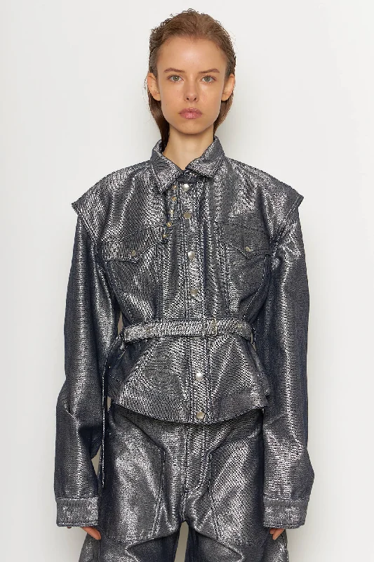 Cropped Denim Top to Pair with High - Waisted Bottoms Silver Denim Cinched Jacket