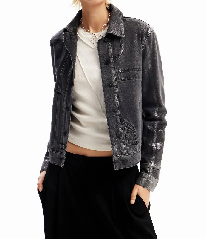 Denim Top with a Peplum Hem for a Flirty and Feminine Look Metallic Denim Trucker Jacket In Light Grey Denim Top with a Peplum Hem for a Flirty and Feminine Look Metallic Denim Trucker Jacket In Light Grey