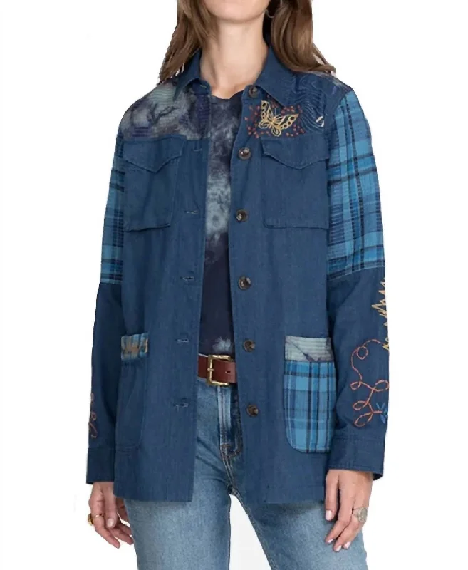 Denim Top with a Peplum Hem for a Flirty and Feminine Look Moonlight Tie Dye Patchwork Military Jacket In Denim Blue Denim Top with a Peplum Hem for a Flirty and Feminine Look Moonlight Tie Dye Patchwork Military Jacket In Denim Blue