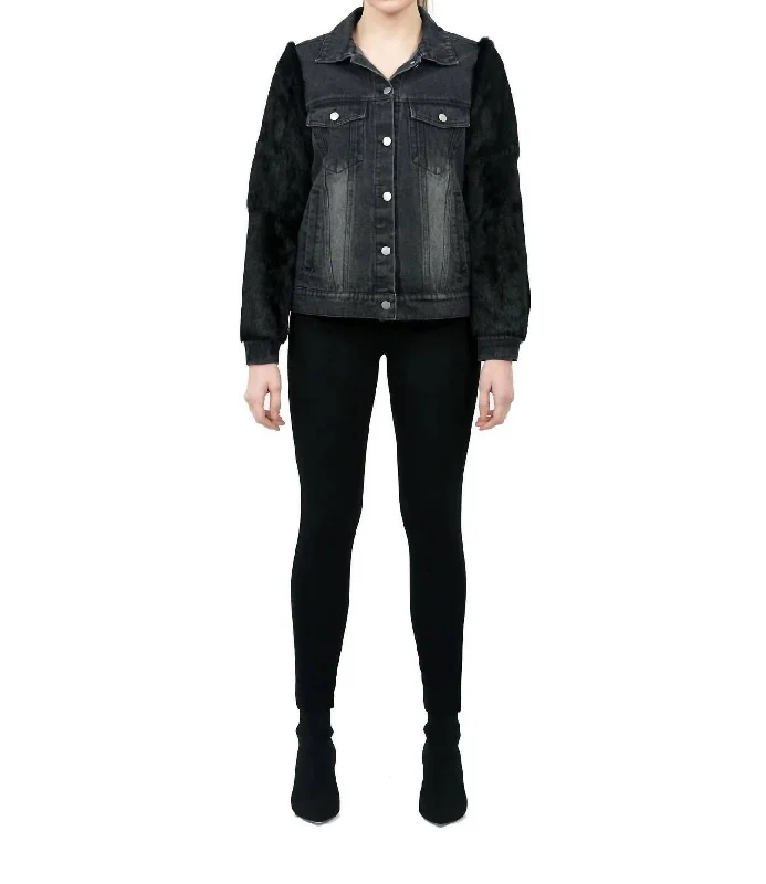Denim Top with a Metallic Accent for a Shiny Look Murray Genuine Real Rabbit Fur Sleeve Denim Coat In Black Denim Denim Top with a Metallic Accent for a Shiny Look Murray Genuine Real Rabbit Fur Sleeve Denim Coat In Black Denim
