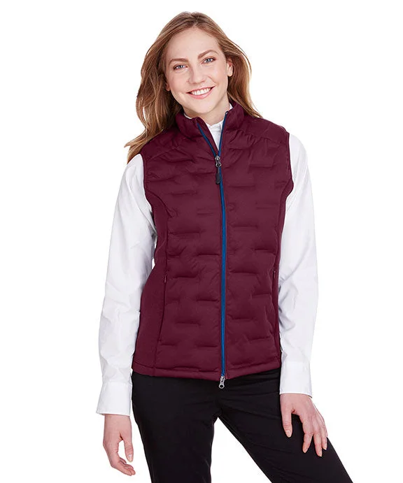 Women's Sleeveless Leather Waistcoat in Black with Silver Studs for an Edgy Rock - n - Roll Vibe NE709W - North End Ladies Loft Pioneer Hybrid Vest | Burgundy/Burgundy Heather/Olympic Blue