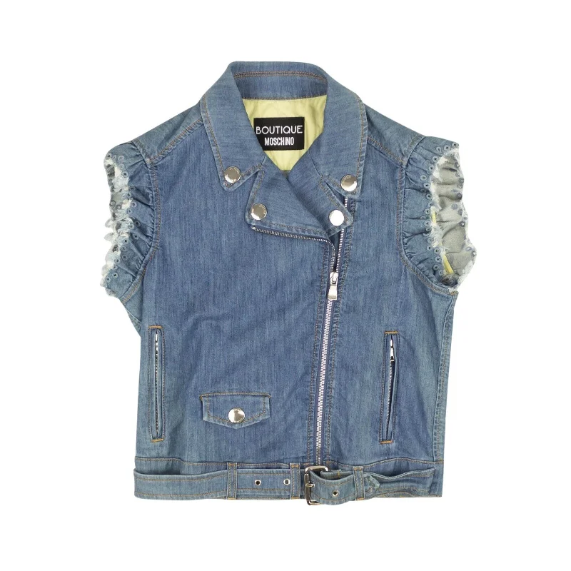 Denim Top for a Beachside Picnic with a Laid - Back Style NWT BOUTIQUE MOSCHINO Blue Denim Eyelet Ruffle Sleeveless Vest Denim Top for a Beachside Picnic with a Laid - Back Style NWT BOUTIQUE MOSCHINO Blue Denim Eyelet Ruffle Sleeveless Vest
