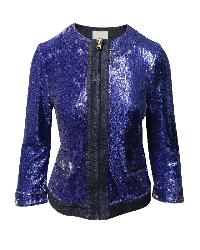 Long - Sleeve Denim Top for Cold Weather Layering Pinko Tag Sequin Embellished Jacket in Blue Denim Long - Sleeve Denim Top for Cold Weather Layering Pinko Tag Sequin Embellished Jacket in Blue Denim