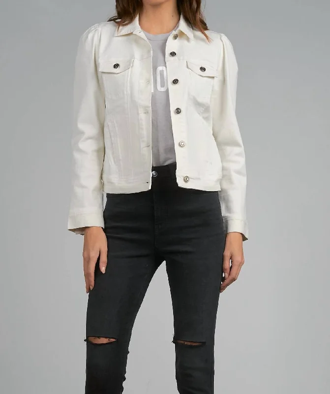 Women's cropped down jackets in bold colors for a sporty and fashionable winter outfit Piper Puff Sleeve Denim Jacket In Creamy White Women's cropped down jackets in bold colors for a sporty and fashionable winter outfit Piper Puff Sleeve Denim Jacket In Creamy White
