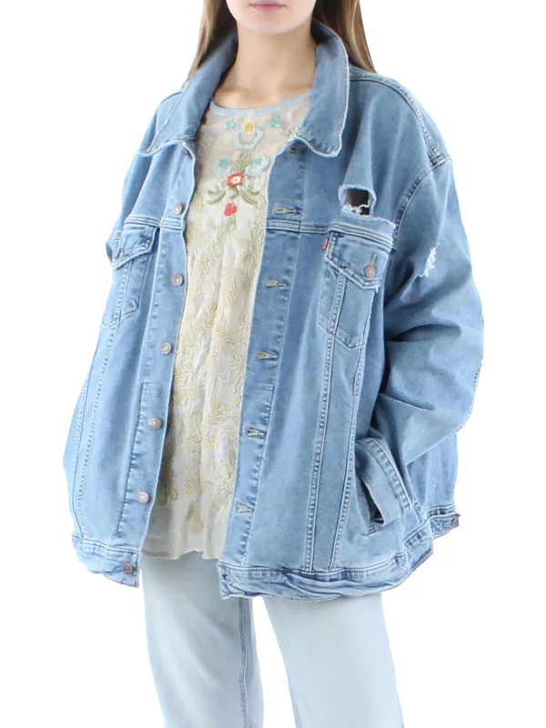 Button - Down Denim Top with a Classic Design Plus Womens Destroyed Denim Trucker Jacket Button - Down Denim Top with a Classic Design Plus Womens Destroyed Denim Trucker Jacket
