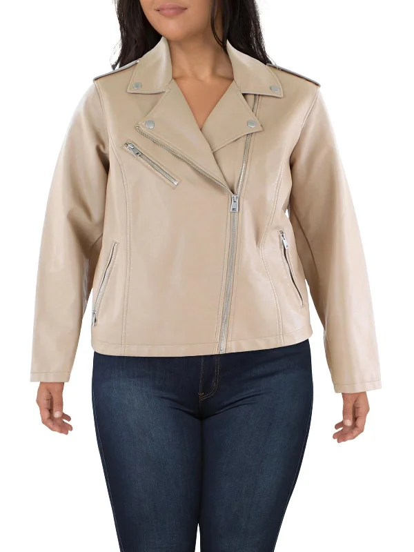 Women's leather military - style jackets with epaulets Plus Womens Faux Leather Moto Leather Jacket