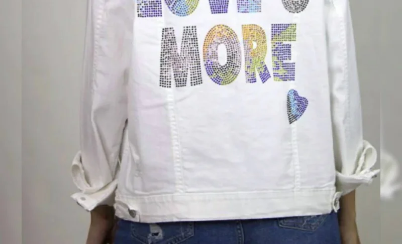 Women's faux fur - trimmed denim jackets for a trendy and cozy style Rhinestone Love You More Denim Jacket In White Women's faux fur - trimmed denim jackets for a trendy and cozy style Rhinestone Love You More Denim Jacket In White