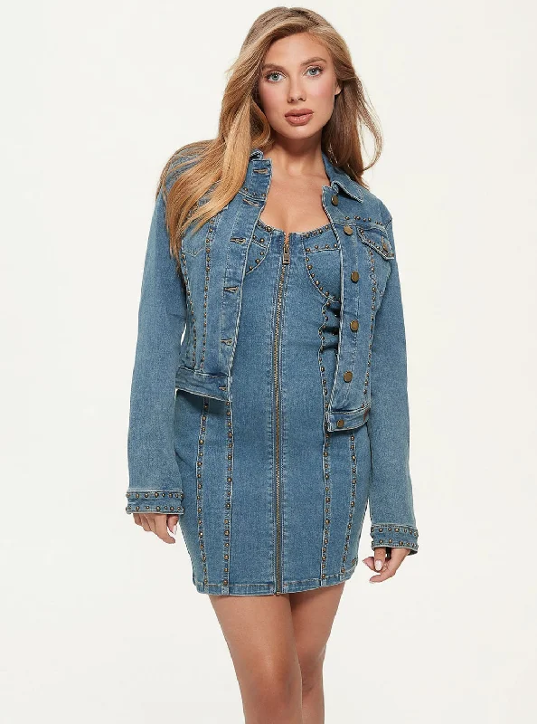 Denim Top with a Metallic Accent for a Shiny Look Saddle Blue Sexy Denim Trucker Jacket