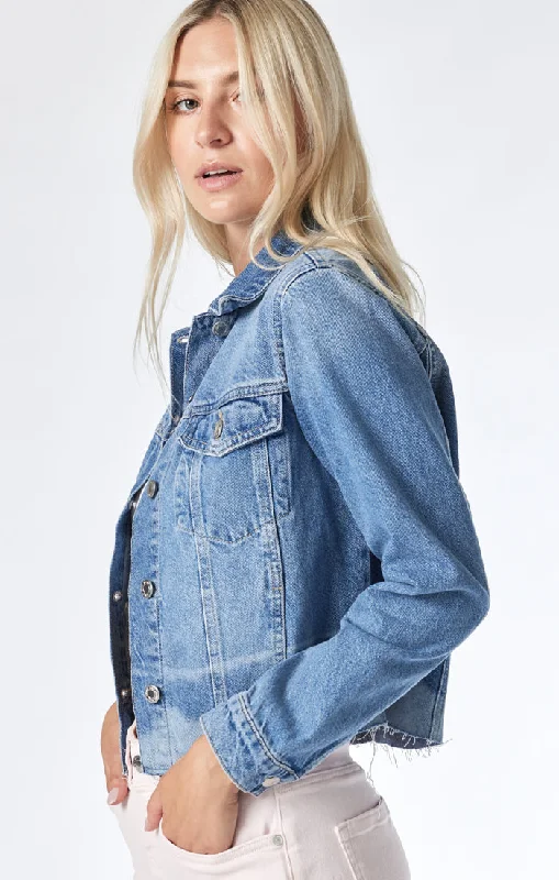 Studded Denim Top for a Glamorous and Bold Style SIENNA CROP JACKET IN MID DENIM