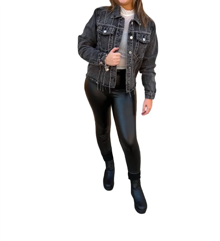 Women's denim jackets with distressed details for a casual and edgy look Sofia Denim Jacket With Diamond Trim Detail In Black Women's denim jackets with distressed details for a casual and edgy look Sofia Denim Jacket With Diamond Trim Detail In Black