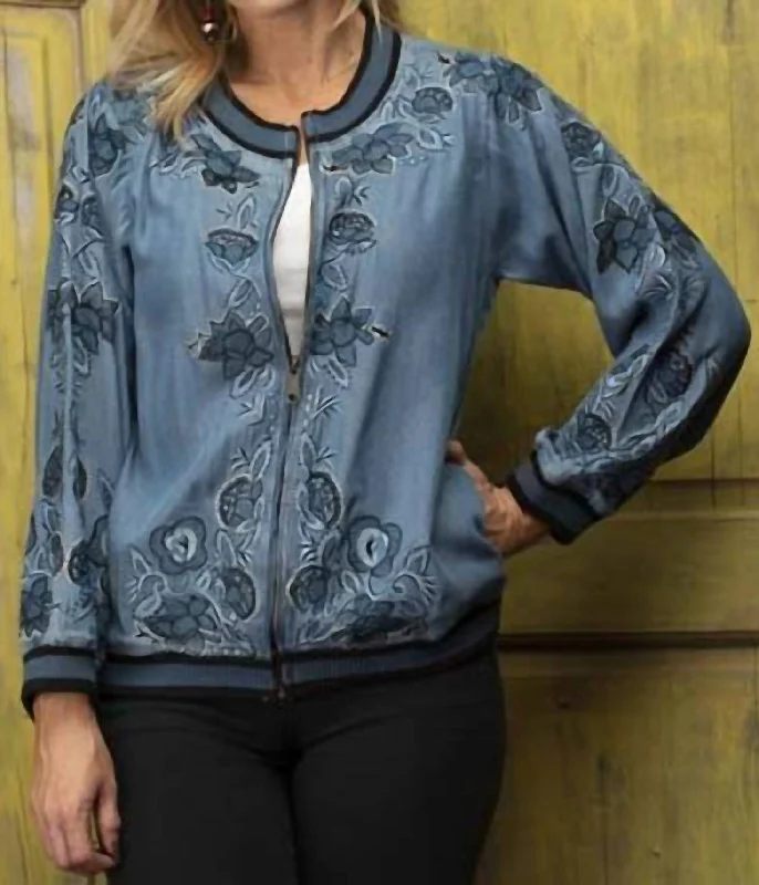 Embroidered Denim Top with Intricate Patterns Spirit Bomber Jacket In Blue Denim