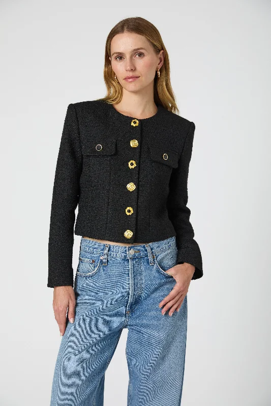 Double - Breasted Women's Leather Blazers in Taupe for an Edgy Look Structured Tweed Novelty Button Jacket