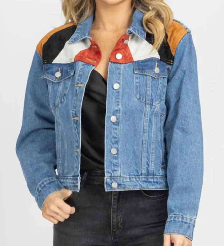 Women's bomber jackets with a holographic finish for a futuristic and eye - catching look Suede Patch Relaxed Denim Jacket In Blue Women's bomber jackets with a holographic finish for a futuristic and eye - catching look Suede Patch Relaxed Denim Jacket In Blue