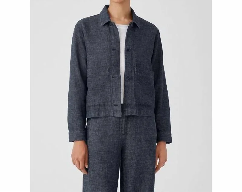 Washed - Out Denim Top for a Vintage Aesthetic Tweedy Hemp Cotton Classic Collar Jacket In Denim Washed - Out Denim Top for a Vintage Aesthetic Tweedy Hemp Cotton Classic Collar Jacket In Denim
