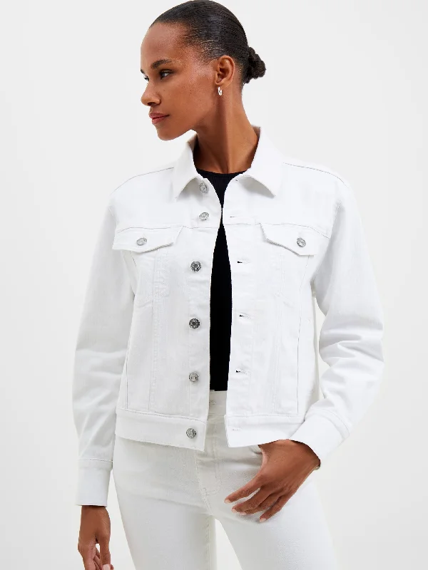 Denim Top with a Belted Waist for a Defined Silhouette White Denim Stretch Trucker Jacket Denim Top with a Belted Waist for a Defined Silhouette White Denim Stretch Trucker Jacket