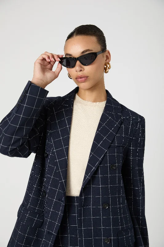 Women's Tailored Stretch Blazers in Navy Blue for Business Meetings Window Pane Check Jacket Women's Tailored Stretch Blazers in Navy Blue for Business Meetings Window Pane Check Jacket