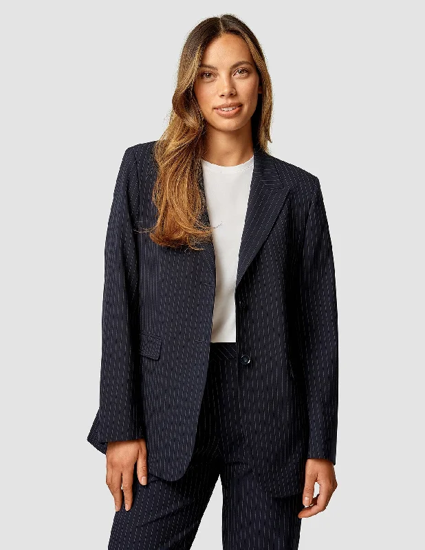 Women's Longline Linen Blazers in Pastel Colors for Summer Events Essential Blazer Navy Pinstripe Women's Longline Linen Blazers in Pastel Colors for Summer Events Essential Blazer Navy Pinstripe