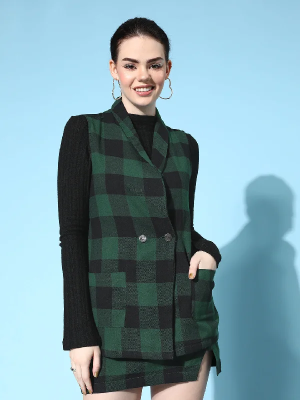 Plus Size Women's Open - Front Knitted Waistcoat in Burgundy for a Cozy and Flattering Layer Women Green Flannel Check Sleeveless Blazer