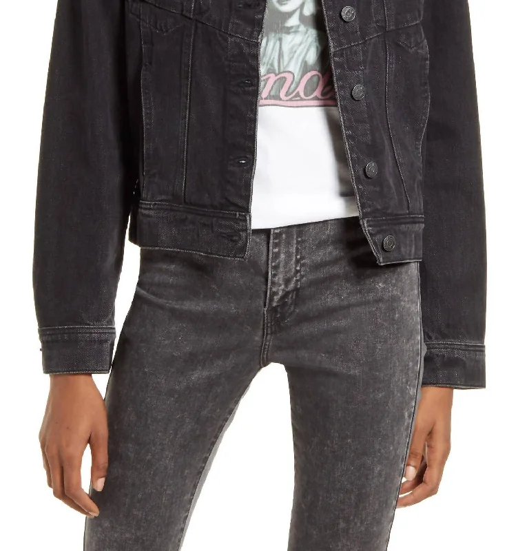 Women's denim jackets with a patchwork design for a bohemian and artsy style Women's Basic Trucker Denim Jacket In Black Women's denim jackets with a patchwork design for a bohemian and artsy style Women's Basic Trucker Denim Jacket In Black