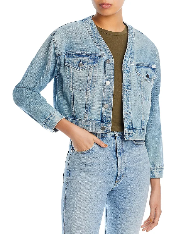 Women's cropped satin jackets in pastel shades for a glamorous evening out Womens Collarless Cropped Denim Jacket Women's cropped satin jackets in pastel shades for a glamorous evening out Womens Collarless Cropped Denim Jacket