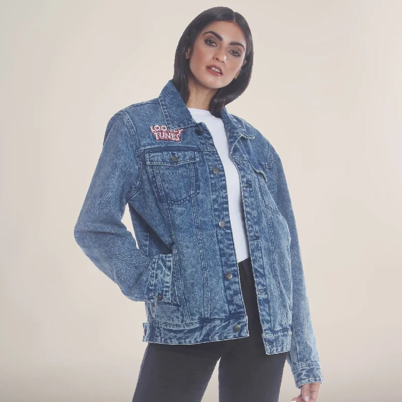 Studded Denim Top for a Glamorous and Bold Style Women's Denim Looney Tunes Bugs Placement Oversized Jacket Studded Denim Top for a Glamorous and Bold Style Women's Denim Looney Tunes Bugs Placement Oversized Jacket